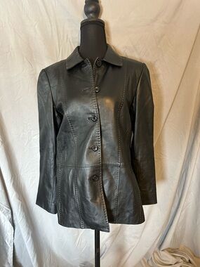 Pendleton Black Leather Button-Front Jacket Size Small Stitching Details